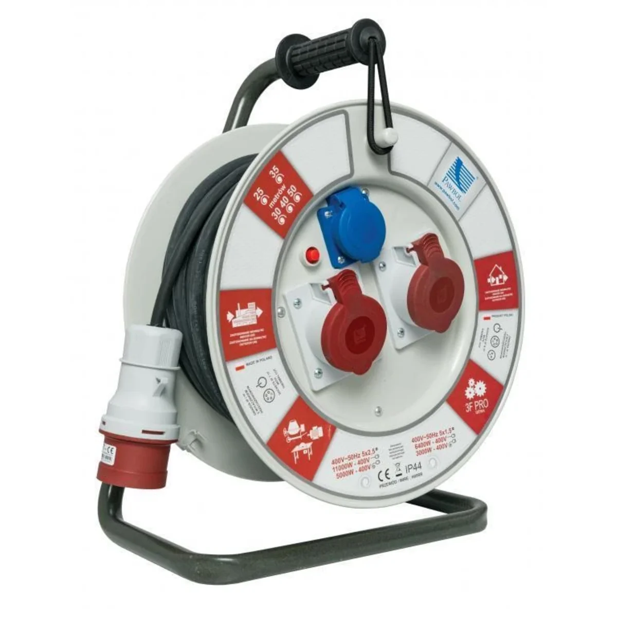 Przedłużacz na bębnie plastikowym, fi340, przewód H05RR-F 5x2,5mm2 - 25m, 2x16A/5P, 1x250V, 400V, 1x termik, biały, IP44 B.1104-25 - obrazek 1