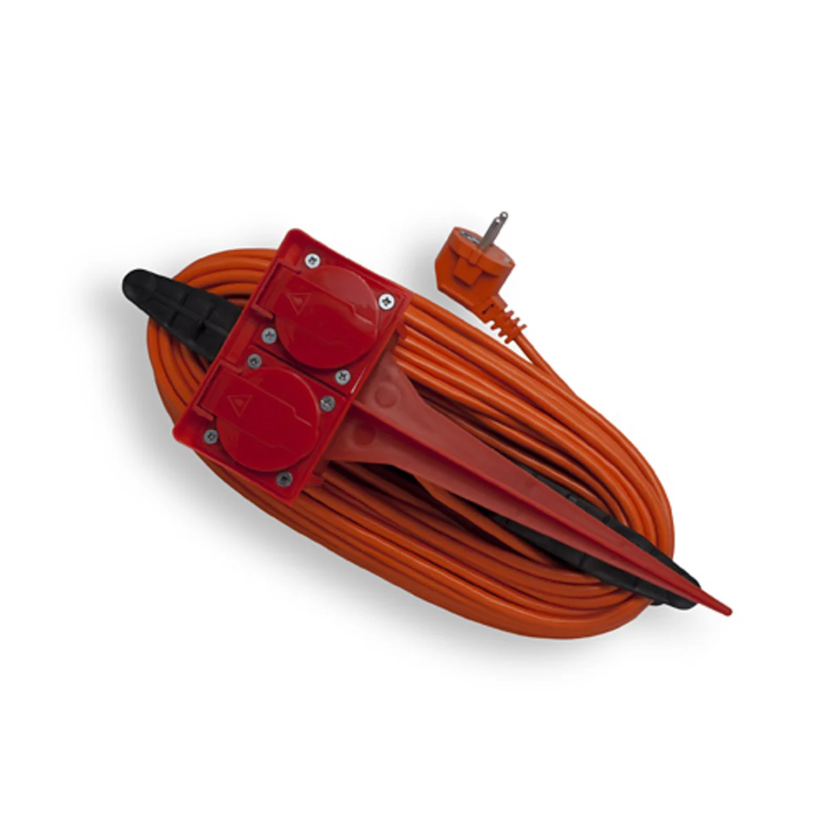 Przedłużacz ogrodowy 2-krotny 2x2P+Z (gniazda IP-44) z wbijanym szpicem i nawijakiem NP, pomarańczowy PVC 3x1mm² - 5m, 250V~/10A PO-205-444 PO-205-444 - obrazek 1