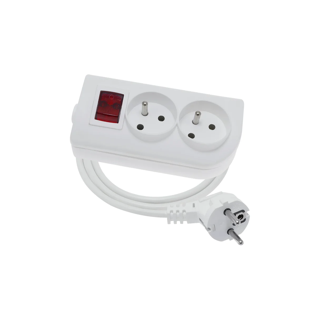 Przedłużacz przenośny 2-krotny, 2x2P+Z biały z podświetlanym wyłącznikiem 250V~/10A 3x1mm² PVC- 5m z zalewaną wtyczką kątową UNISCHUKO i otworem do montażu, Classic PSN-205W PSN-205W - obrazek 1