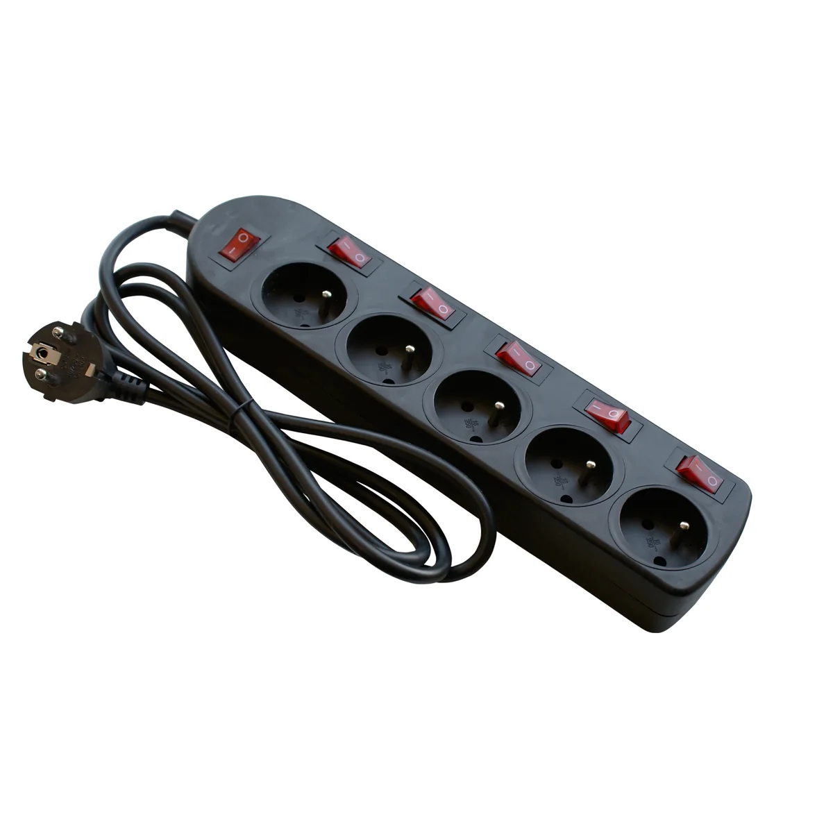 Przedłużacz przenośny 5-krotny, 5x2P+Z czarny z 6-ścioma wyłącznikami 250V~/10A 3x1mm² PVC - 1,5m z zalewaną wtyczką kątową UNISCHUKO, Economic EPS-501,5W6-2 EPS-501,5W6-2 - obrazek 1