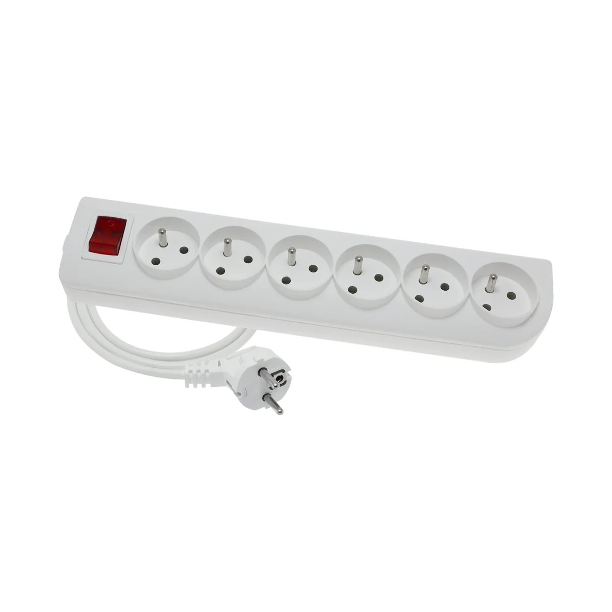 Przedłużacz przenośny 6-krotny, 6x2P+Z biały z podświetlanym wyłącznikiem 250V~/10A 3x1mm² PVC- 1,5m z zalewaną wtyczką kątową UNISCHUKO i otworami do montażu, Classic PSN-601,5W PSN-601,5W - obrazek 1