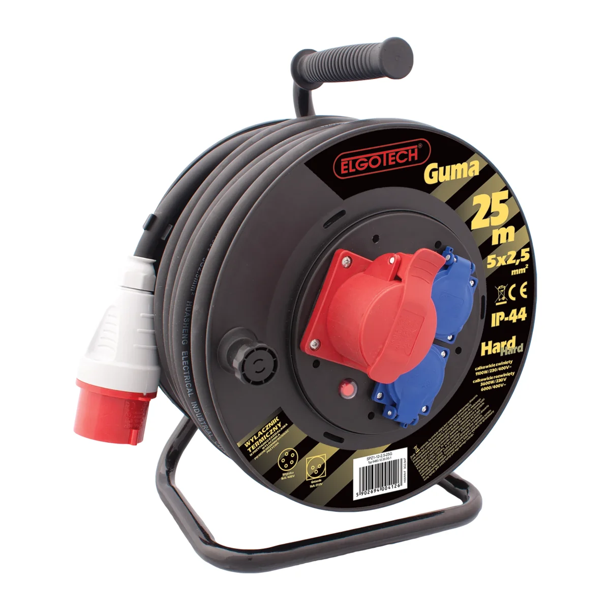 Przedłużacz siłowy zwijany na bębnie IP-44 2x2P+Z 230V~MAX.3600W + gniazdo 3P+N+Z 400V~MAX.6000W H05RR-F 5x2,5mm² - 25m SPZ1-12-2,5-25G SPZ1-12-2,5-25G - obrazek 1