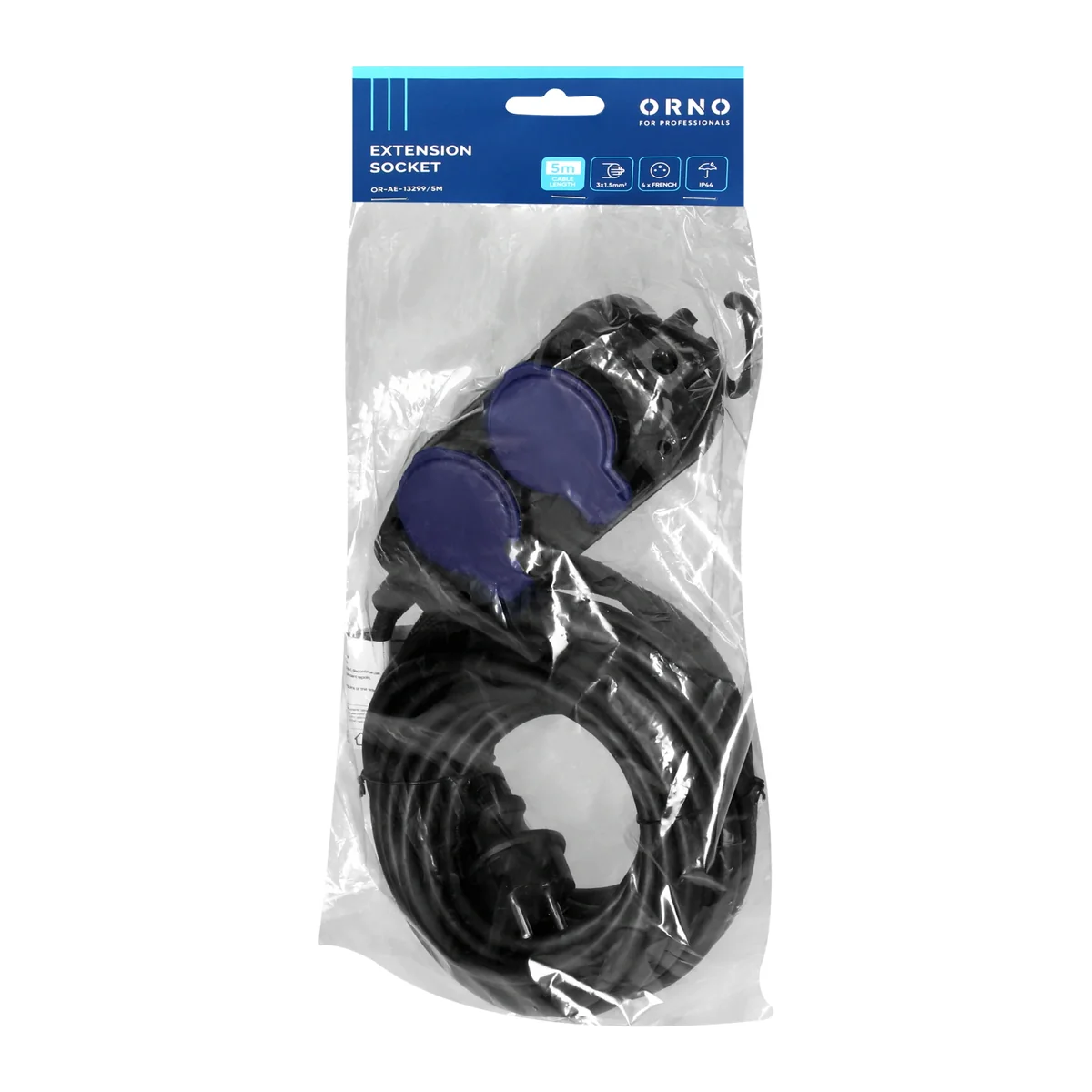 Przedłużacz warsztatowy bryzgoszczelny IP44, 4 gniazda (2+2) 2P+Z, IP44, przewód gumowy, H05RR-F 3x1,5mm², długość 5m OR-AE-13299/5M - obrazek 1