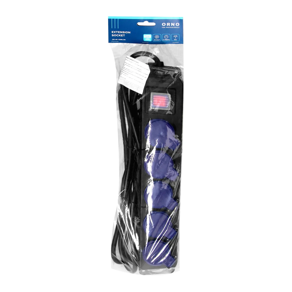 Przedłużacz warsztatowy bryzgoszczelny z wyłącznikiem, 5 gniazd 2P+Z, IP44, przewód gumowy, H05RR-F 3x1,5mm², długość 5m OR-AE-13298/5M - obrazek 1