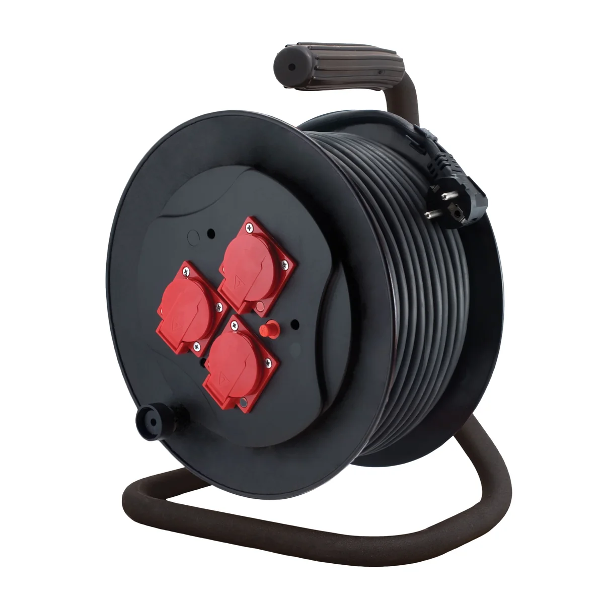 Przedłużacz zwijany na bębnie 3x2P+Z (3 gniazda IP-44) guma H05RR-F 3x2,5mm² - 25m MAX.3600W z zabezpieczeniem termicznym, seria Hard PZB-111-25G/2,5 PZB-111-25G/2,5 - obrazek 1