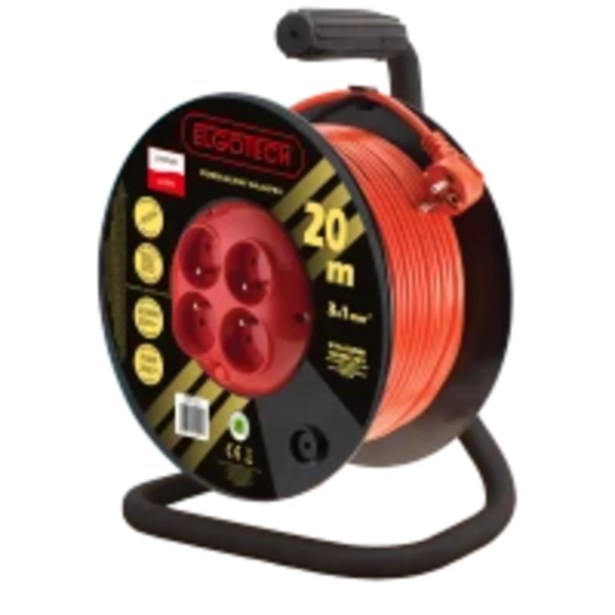 Przedłużacz zwijany na bębnie 4x2P+Z pomarańczowy PVC 3x1mm² - 20m MAX.2300W z zabezpieczeniem termicznym PZB-40-20Y/1 PZB-40-20Y/1 - obrazek 1