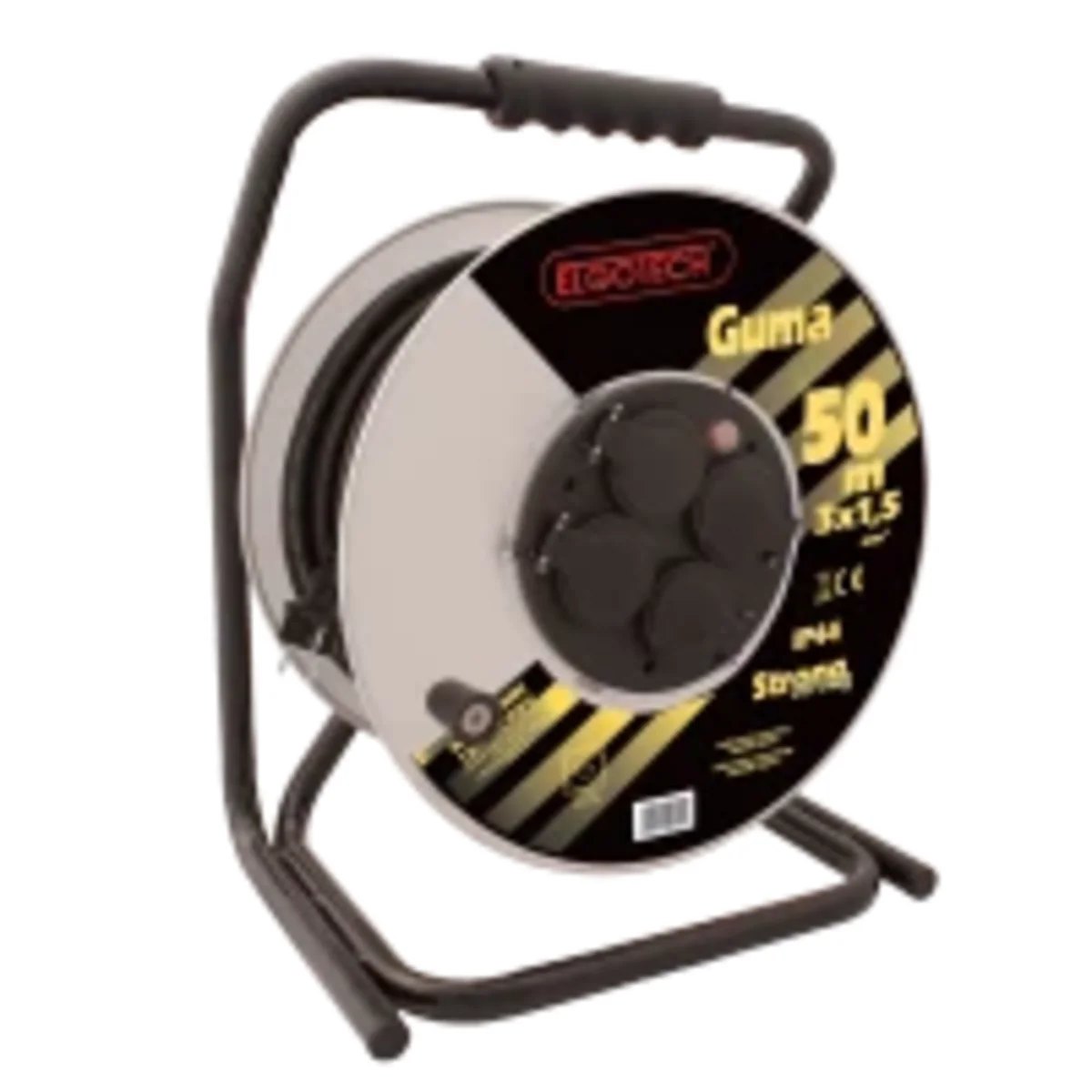 Przedłużacz zwijany na bębnie metalowym IP-44, 4x2P+Z guma H05RR-F 3x1,5mm² - 50m MAX.3600W z zabezpieczeniem termicznym, seria Strong PZB-1111-50G PZB-1111-50G - obrazek 1