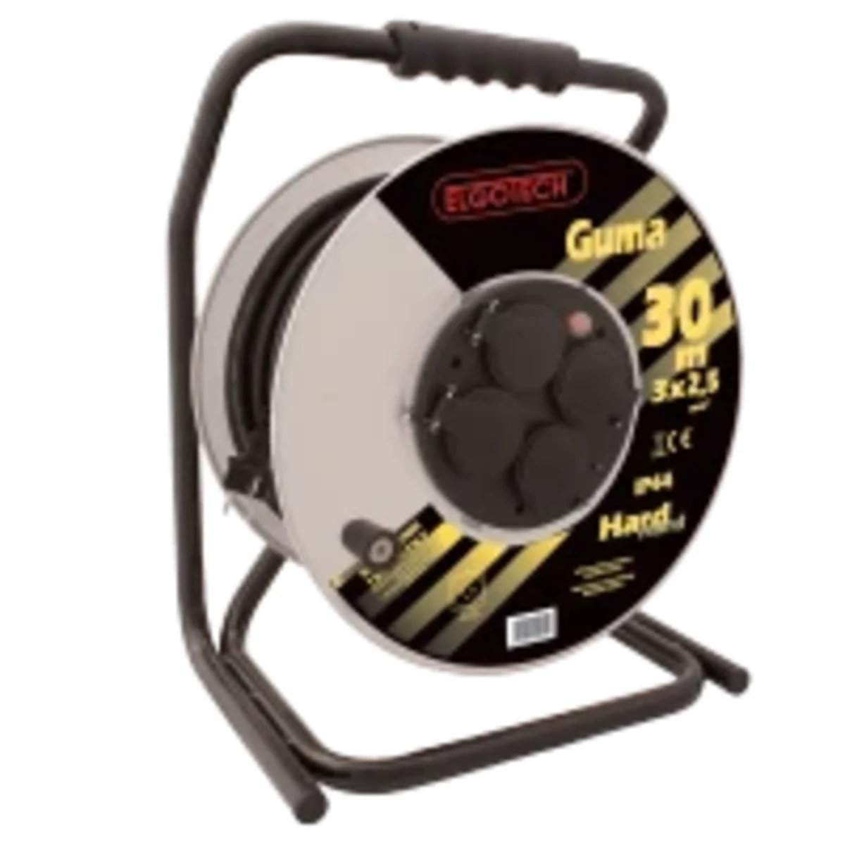 Przedłużacz zwijany na bębnie metalowym IP-44, 4x2P+Z guma H05RR-F 3x2,5mm² - 30m MAX.3600W z zabezpieczeniem termicznym, seria Hard PZB-1111-30G/2,5 PZB-1111-30G/2,5 - obrazek 1