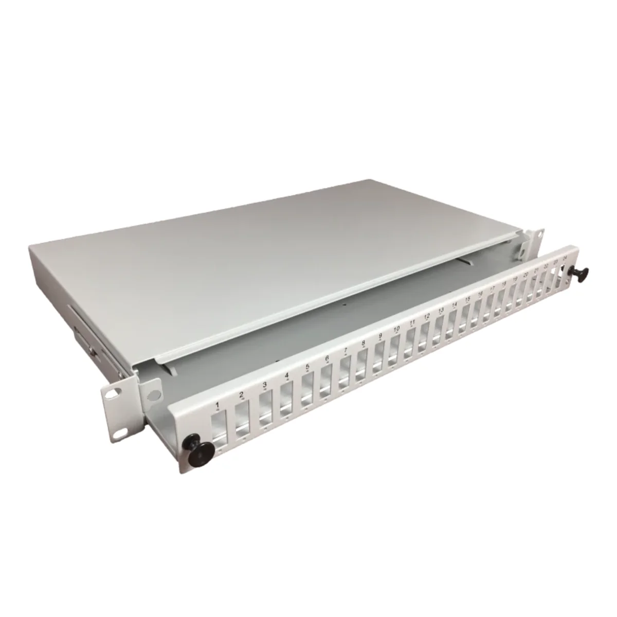 Przełącznica światłowodowa 24xSC duplex / 24xLC quad 19 1U z płytą czołową oraz akcesoriami montażowymi (dławiki, opaski), wysuwalna ALANTEC FOP-1U-24SCD-S - obrazek 1