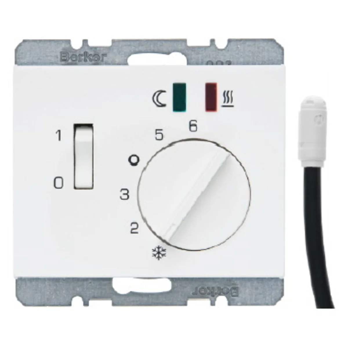 Regulator temperatury podłogi z zestykiem rozwiernym, elementem centralnym, łącznikiem i 2 diodami LED 10−50°C 230V – Biały połysk 20347109