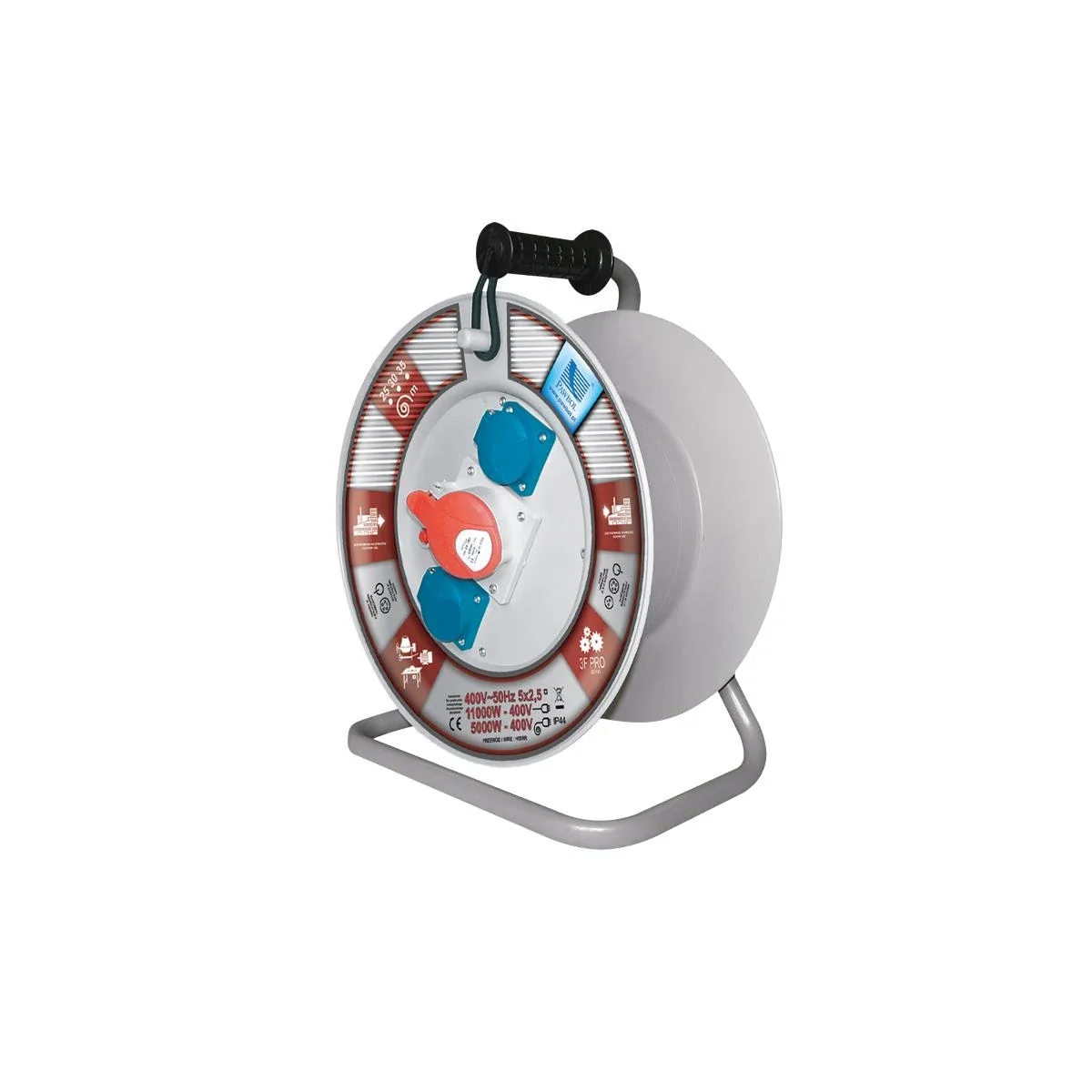 Rozgałęźnik na bębnie plastikowym, fi340, 1x32A/5P, 2x250V, 400V, 1x termik, biały, IP44 B.2000-340RT - obrazek 1