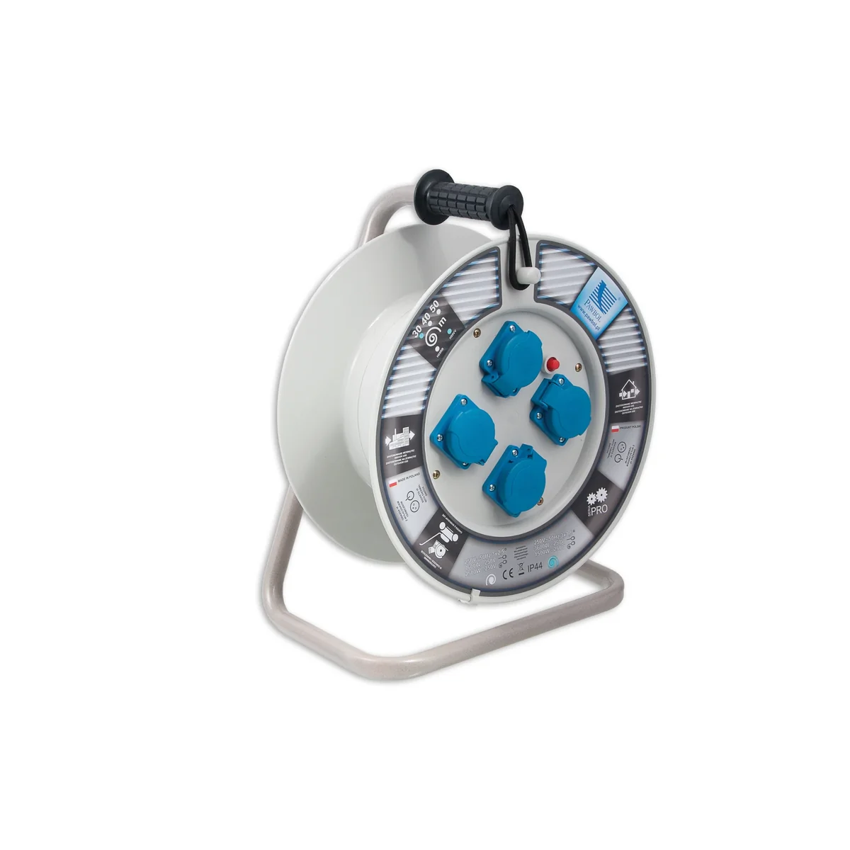 Rozgałęźnik na bębnie plastikowym, fi340, 4x250V, 250V, 1x termik, biały, IP44 B.1101-RT - obrazek 1